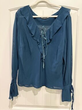 Womens Ruffle Tie-Neck Blouse - Teal
